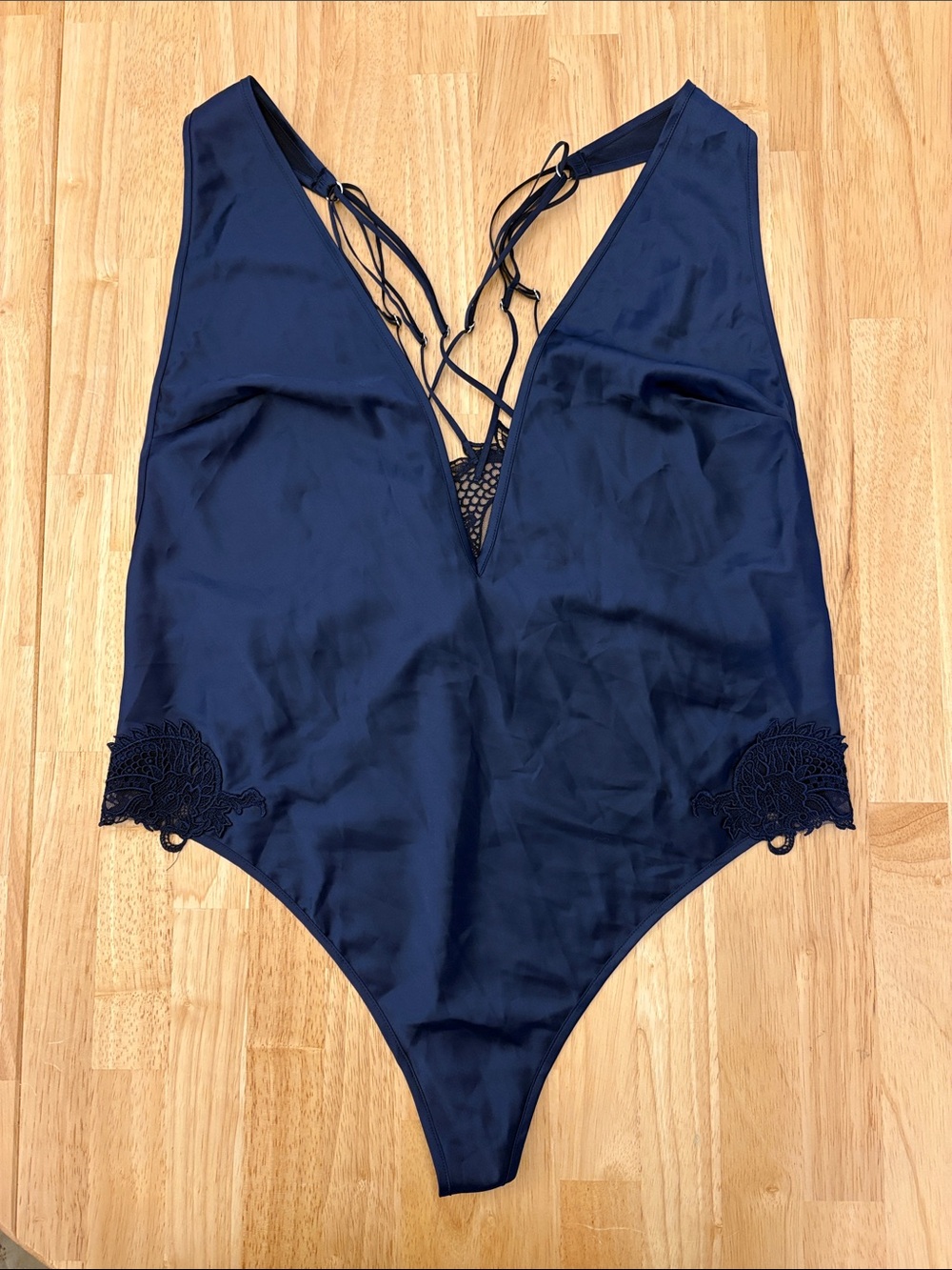 Victoria's Secret Navy Satin Lace-Trim Plunge Bodysuit